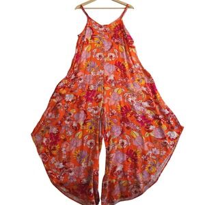 Ivy Street Jumpsuit Womens L Orange Rretro Floral Wide Leg Palazzo Boho Vacation